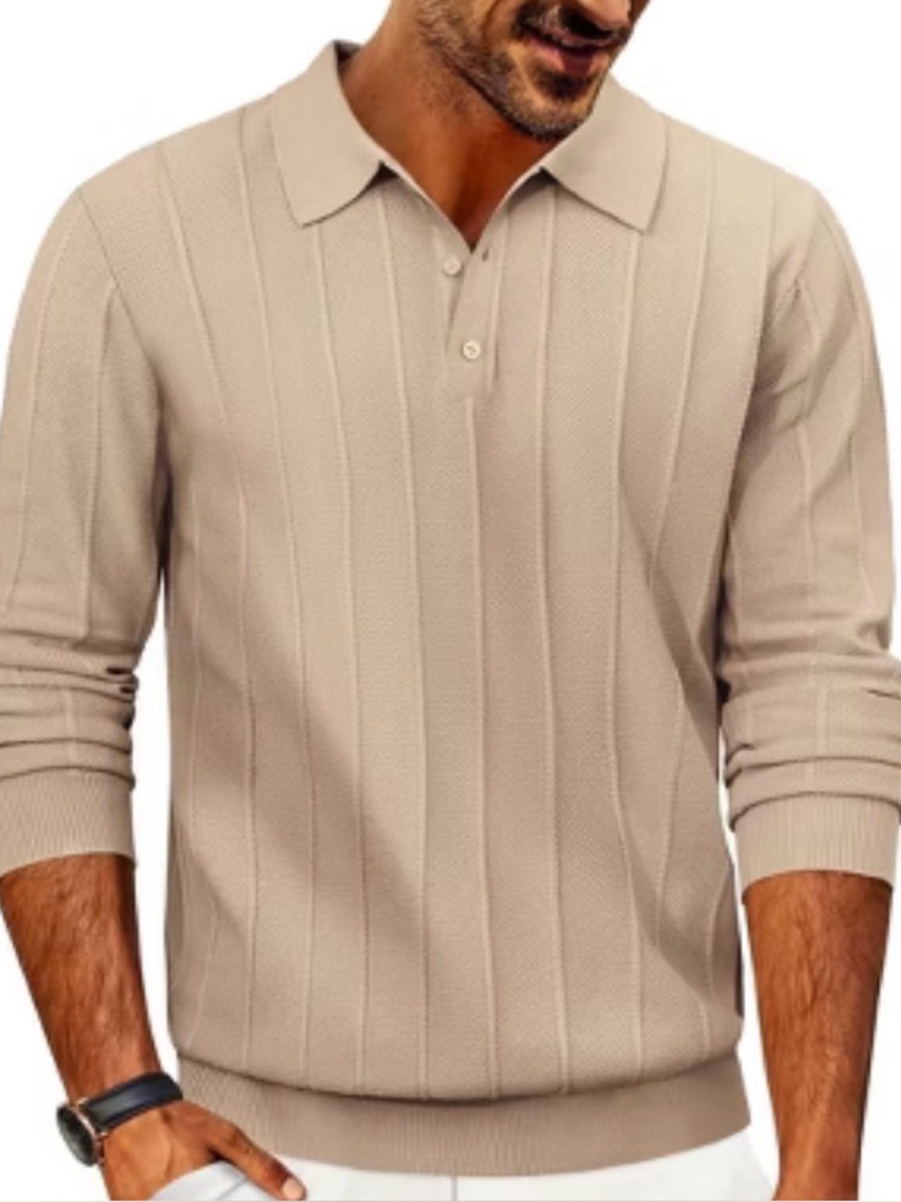 Express Men's Long Sleeve Polo Sweater in Beige
